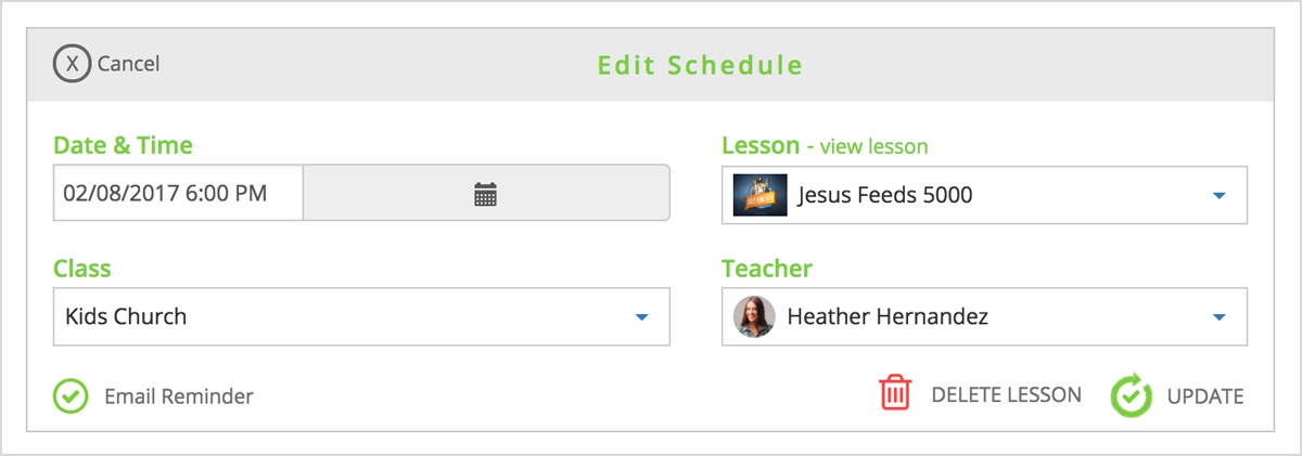 Sunday School Scheduler and Planner Edit Schedule