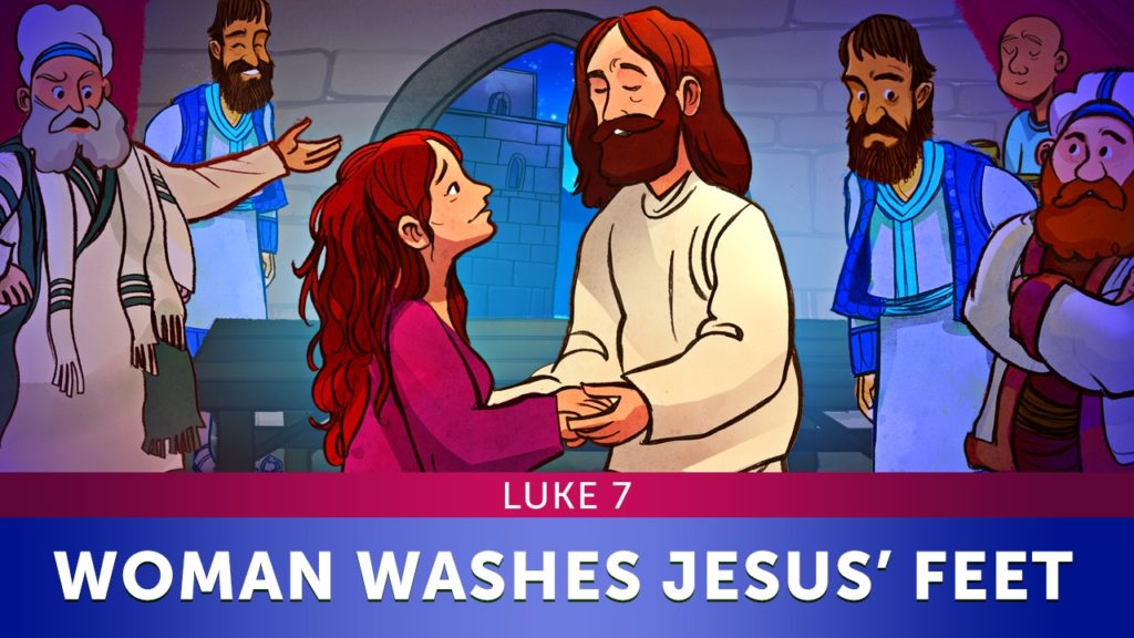 Luke 7 Woman Washes Jesus' Feet Kids Bible Story from the Top 100 Sunday School Lessons for Kids, Parents and Teachers.